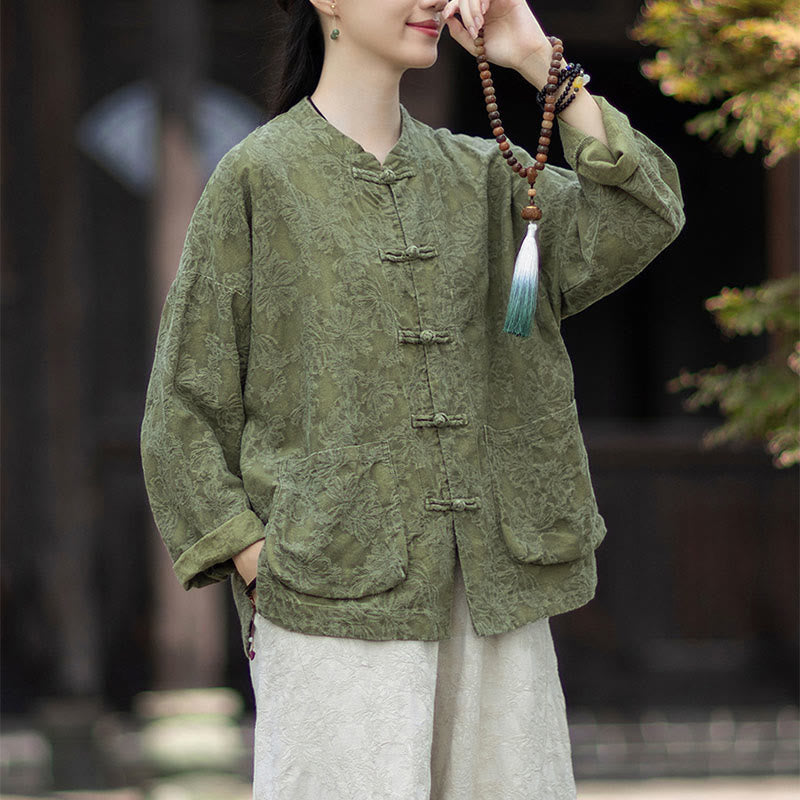Buddha Stones Herbst Jacquard Damen Langarmhemd mit Froschknopfleiste und Hose aus Baumwoll-Leinen-Mischgewebe - image 1