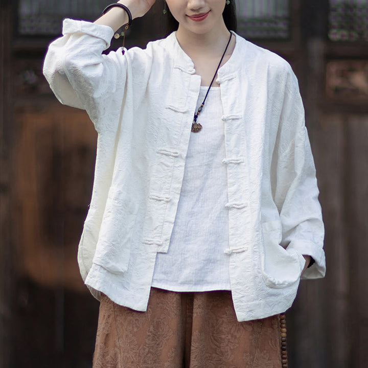 Buddha Stones Herbst Jacquard Damen Langarmhemd mit Froschknopfleiste und Hose aus Baumwoll-Leinen-Mischgewebe - Weißes Hemd - US4-6, UK/AU8-10, EU36-38 (F) - image 13