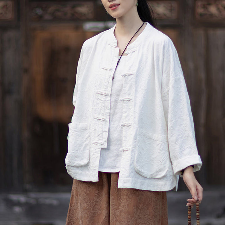 Buddha Stones Herbst Jacquard Damen Langarmhemd mit Froschknopfleiste und Hose aus Baumwoll-Leinen-Mischgewebe - image 18