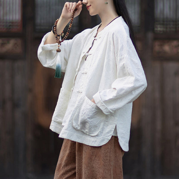 Buddha Stones Herbst Jacquard Damen Langarmhemd mit Froschknopfleiste und Hose aus Baumwoll-Leinen-Mischgewebe - image 17