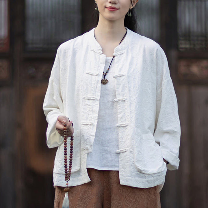 Buddha Stones Herbst Jacquard Damen Langarmhemd mit Froschknopfleiste und Hose aus Baumwoll-Leinen-Mischgewebe - image 14