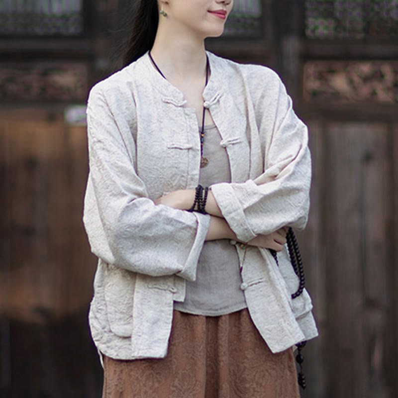 Buddha Stones Herbst Jacquard Damen Langarmhemd mit Froschknopfleiste und Hose aus Baumwoll-Leinen-Mischgewebe - image 26