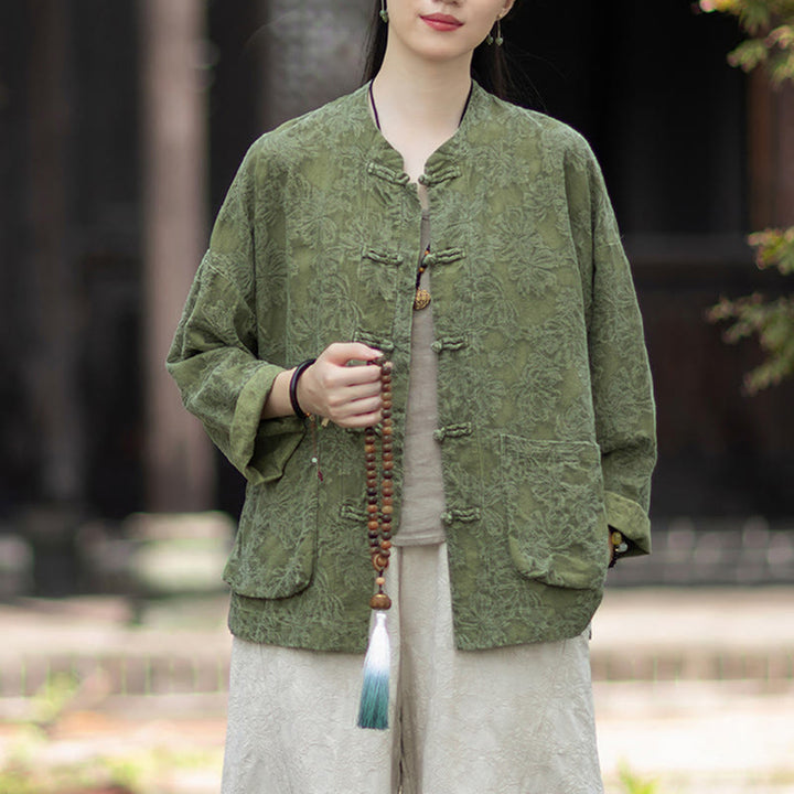 Buddha Stones Herbst Jacquard Damen Langarmhemd mit Froschknopfleiste und Hose aus Baumwoll-Leinen-Mischgewebe - image 2