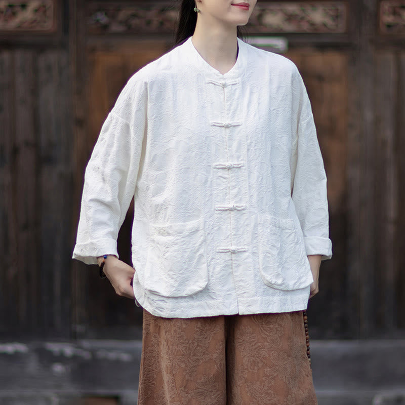 Buddha Stones Herbst Jacquard Damen Langarmhemd mit Froschknopfleiste und Hose aus Baumwoll-Leinen-Mischgewebe - image 15