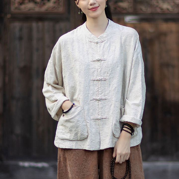 Buddha Stones Herbst Jacquard Damen Langarmhemd mit Froschknopfleiste und Hose aus Baumwoll-Leinen-Mischgewebe - image 23