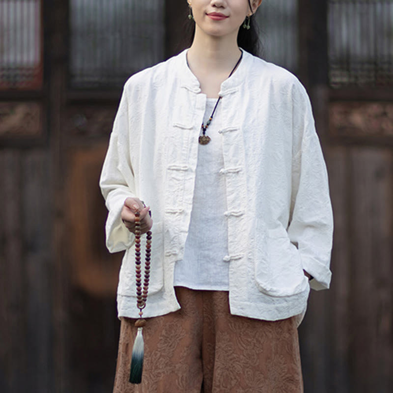 Buddha Stones Herbst Jacquard Damen Langarmhemd mit Froschknopfleiste und Hose aus Baumwoll-Leinen-Mischgewebe - image 20