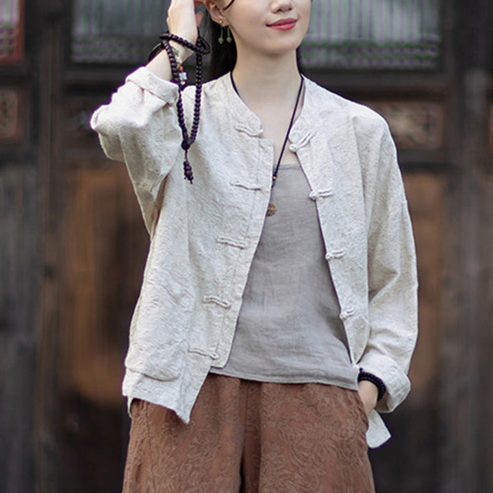 Buddha Stones Herbst Jacquard Damen Langarmhemd mit Froschknopfleiste und Hose aus Baumwoll-Leinen-Mischgewebe - image 24