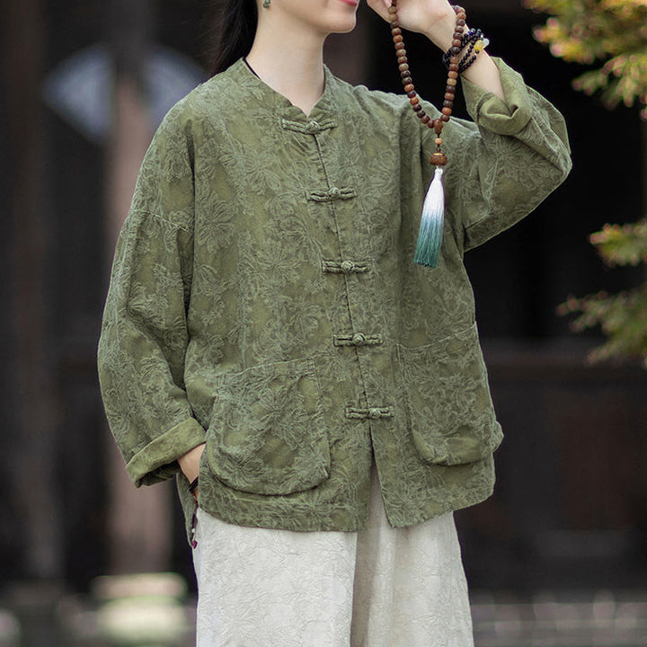 Buddha Stones Herbst Jacquard Damen Langarmhemd mit Froschknopfleiste und Hose aus Baumwoll-Leinen-Mischgewebe - image 3