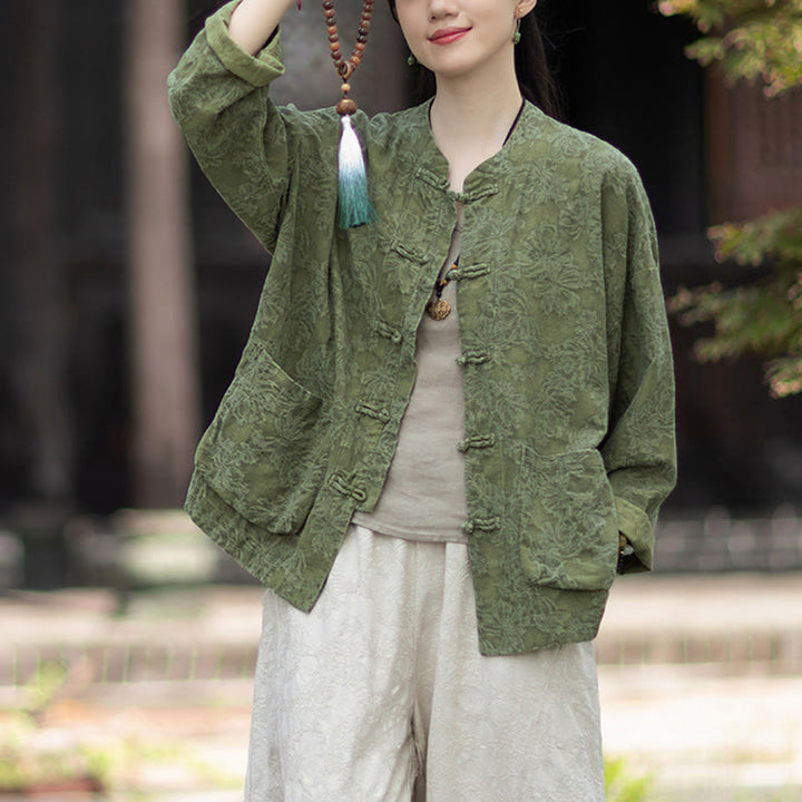 Buddha Stones Herbst Jacquard Damen Langarmhemd mit Froschknopfleiste und Hose aus Baumwoll-Leinen-Mischgewebe - image 4