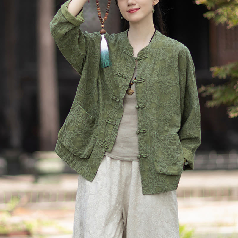 Buddha Stones Herbst Jacquard Damen Langarmhemd mit Froschknopfleiste und Hose aus Baumwoll-Leinen-Mischgewebe - image 4