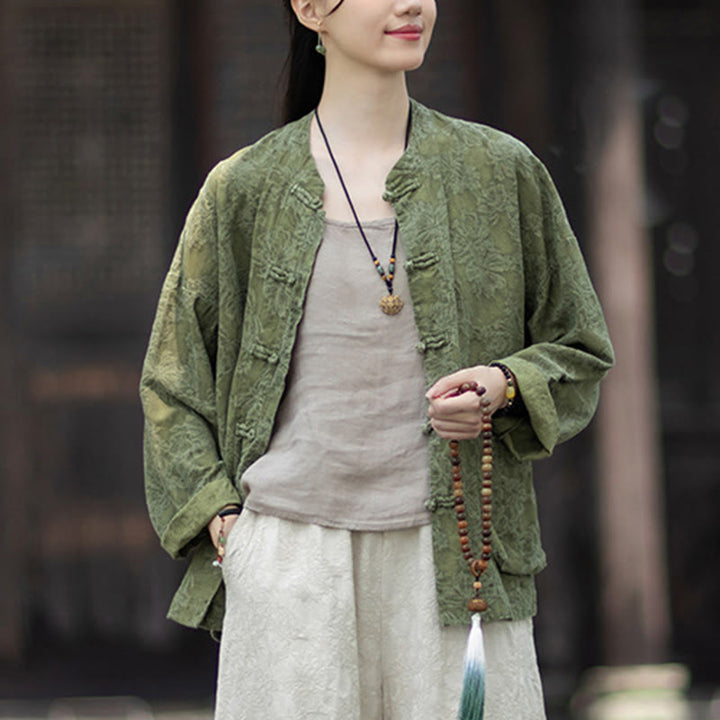 Buddha Stones Herbst Jacquard Damen Langarmhemd mit Froschknopfleiste und Hose aus Baumwoll-Leinen-Mischgewebe - image 10