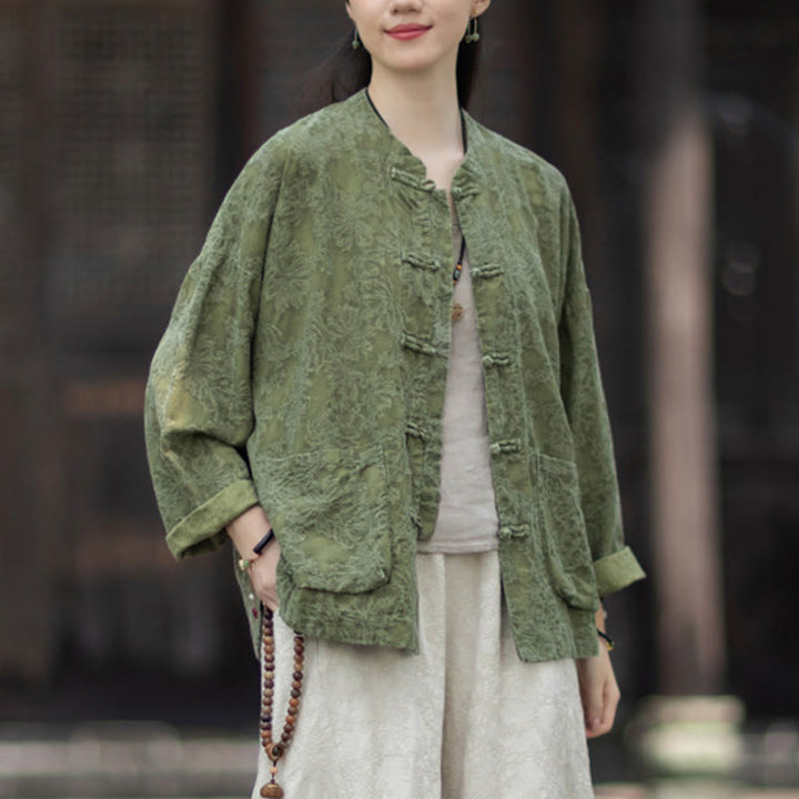 Buddha Stones Herbst Jacquard Damen Langarmhemd mit Froschknopfleiste und Hose aus Baumwoll-Leinen-Mischgewebe - image 7