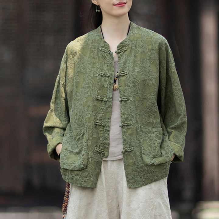 Buddha Stones Herbst Jacquard Damen Langarmhemd mit Froschknopfleiste und Hose aus Baumwoll-Leinen-Mischgewebe - image 6