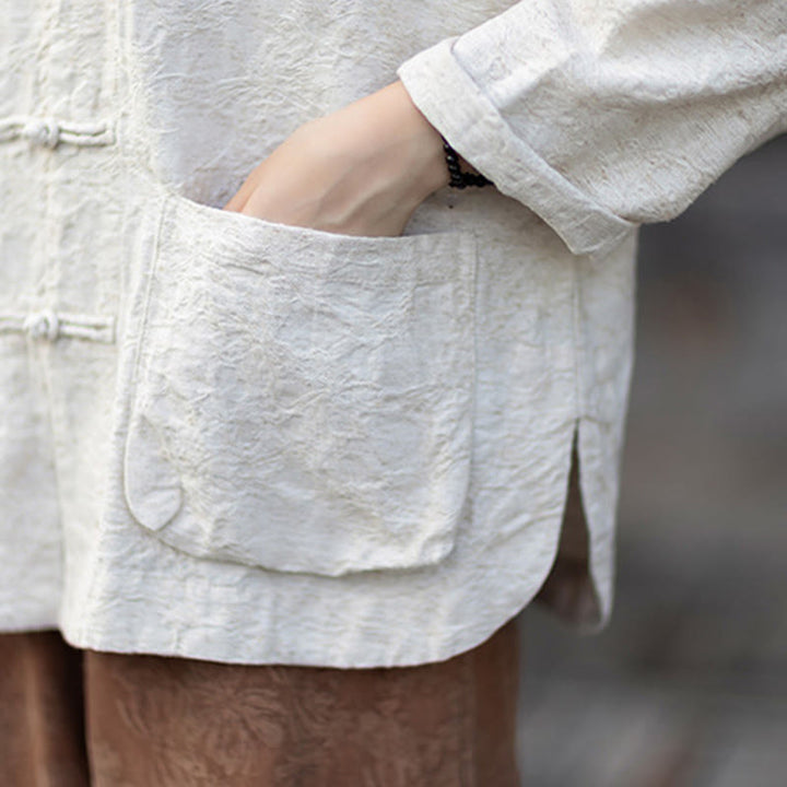 Buddha Stones Herbst Jacquard Damen Langarmhemd mit Froschknopfleiste und Hose aus Baumwoll-Leinen-Mischgewebe - image 28