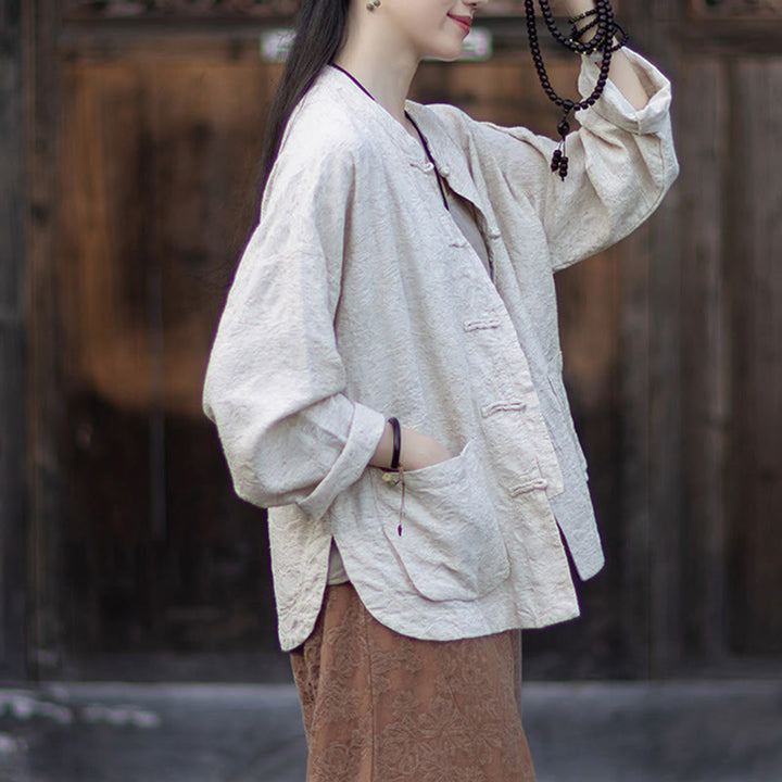 Buddha Stones Herbst Jacquard Damen Langarmhemd mit Froschknopfleiste und Hose aus Baumwoll-Leinen-Mischgewebe - image 25