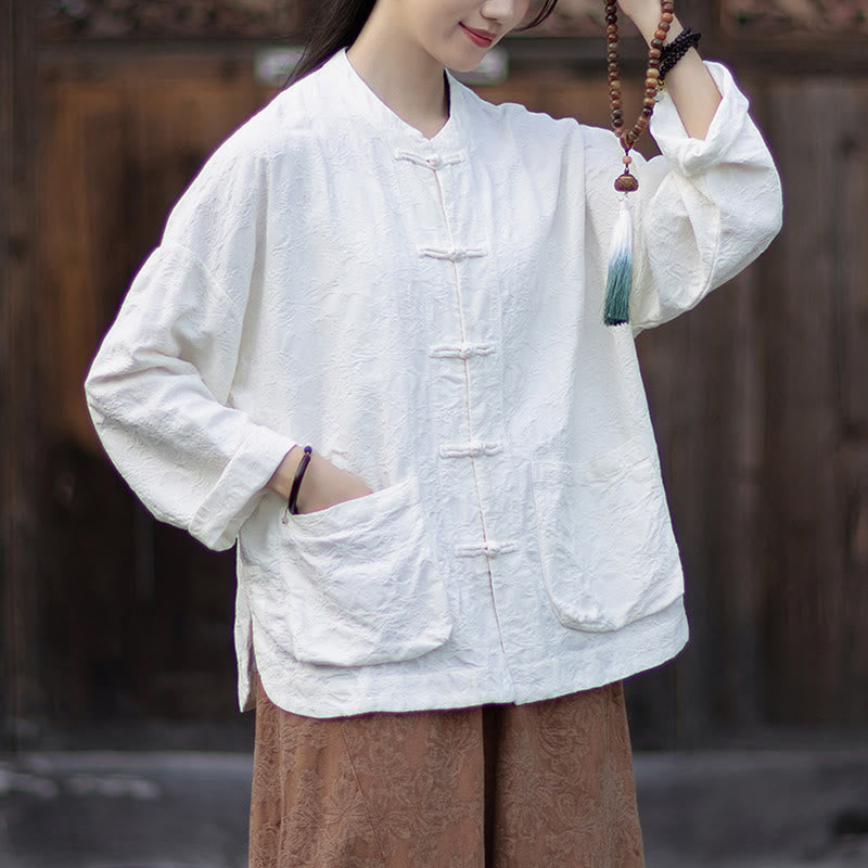 Buddha Stones Herbst Jacquard Damen Langarmhemd mit Froschknopfleiste und Hose aus Baumwoll-Leinen-Mischgewebe - image 19