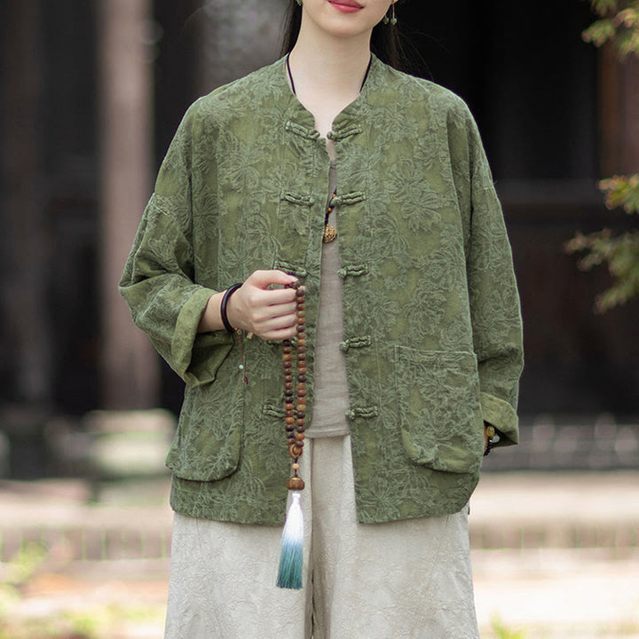 Buddha Stones Herbst Jacquard Damen Langarmhemd mit Froschknopfleiste und Hose aus Baumwoll-Leinen-Mischgewebe - image 5