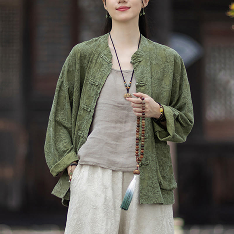 Buddha Stones Herbst Jacquard Damen Langarmhemd mit Froschknopfleiste und Hose aus Baumwoll-Leinen-Mischgewebe - image 8