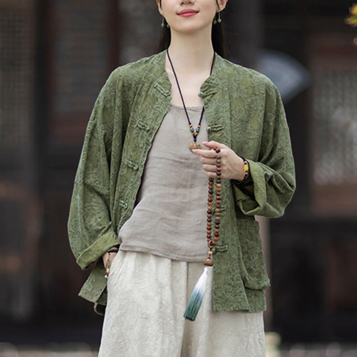 Buddha Stones Herbst Jacquard Damen Langarmhemd mit Froschknopfleiste und Hose aus Baumwoll-Leinen-Mischgewebe - image 8