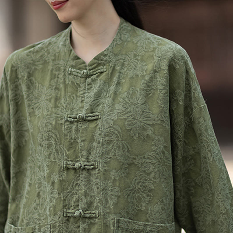 Buddha Stones Herbst Jacquard Damen Langarmhemd mit Froschknopfleiste und Hose aus Baumwoll-Leinen-Mischgewebe - image 11