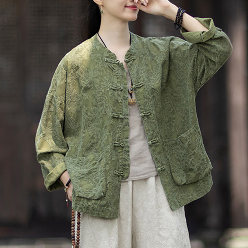 Buddha Stones Herbst Jacquard Damen Langarmhemd mit Froschknopfleiste und Hose aus Baumwoll-Leinen-Mischgewebe - image 9