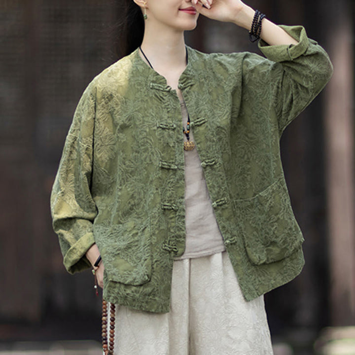 Buddha Stones Herbst Jacquard Damen Langarmhemd mit Froschknopfleiste und Hose aus Baumwoll-Leinen-Mischgewebe - image 9
