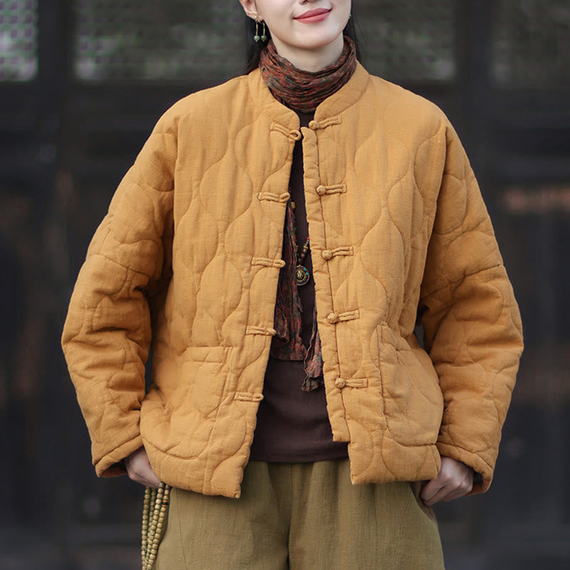 Buddha Stones Winterliche Damen-Thermojacke mit geschwungenen Linien, Froschknopfverschluss, langen Ärmeln, aus Ramie-Baumwollmischung und mit Taschen - image 1