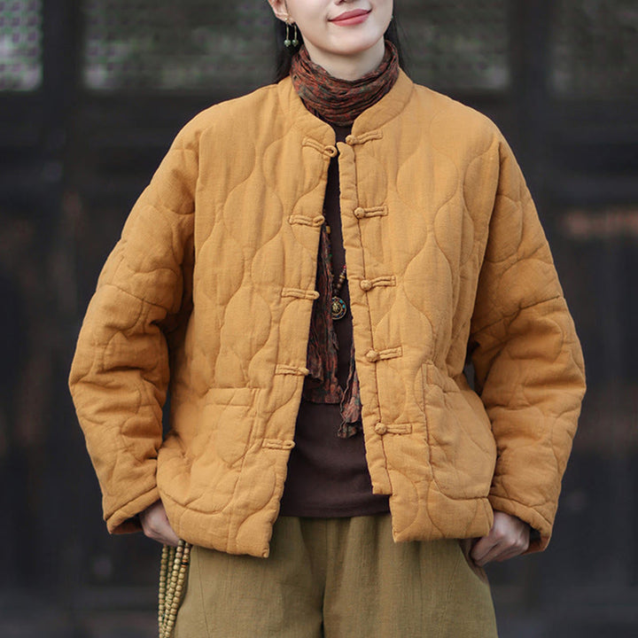 Buddha Stones Winterliche Damen-Thermojacke mit geschwungenen Linien, Froschknopfverschluss, langen Ärmeln, aus Ramie-Baumwollmischung und mit Taschen - image 1