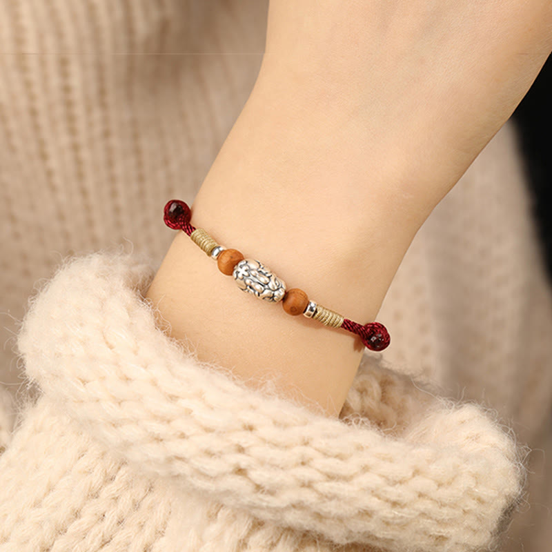 Buddha Stones, 999er Sterlingsilber, Pixiu-Anhänger, Pfirsichholzperle, handgefertigtes geflochtenes Glücksarmband/Fußkettchen - image 10