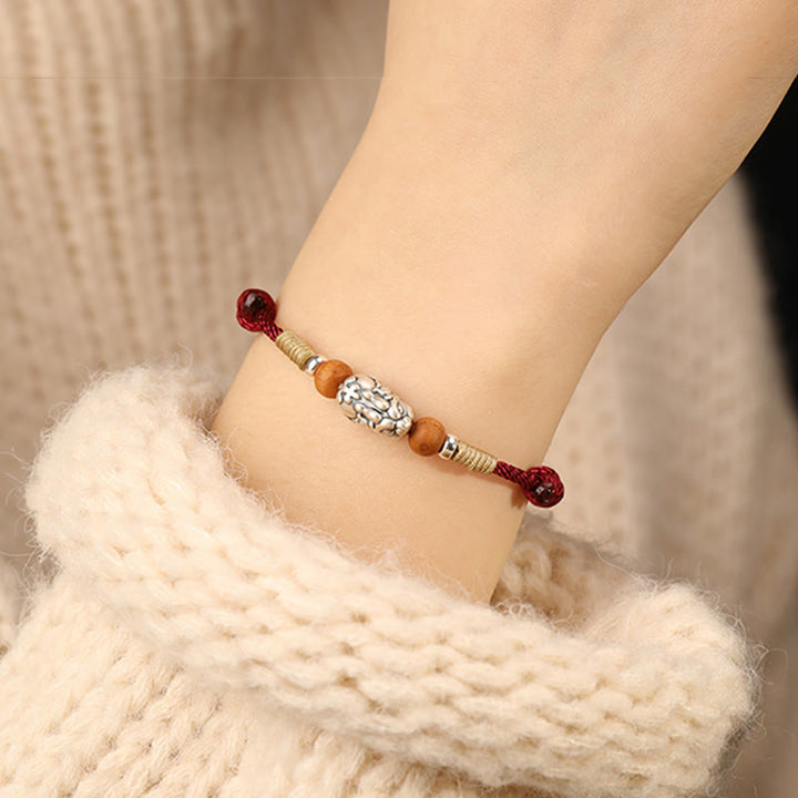 Buddha Stones, 999er Sterlingsilber, Pixiu-Anhänger, Pfirsichholzperle, handgefertigtes geflochtenes Glücksarmband/Fußkettchen - image 10
