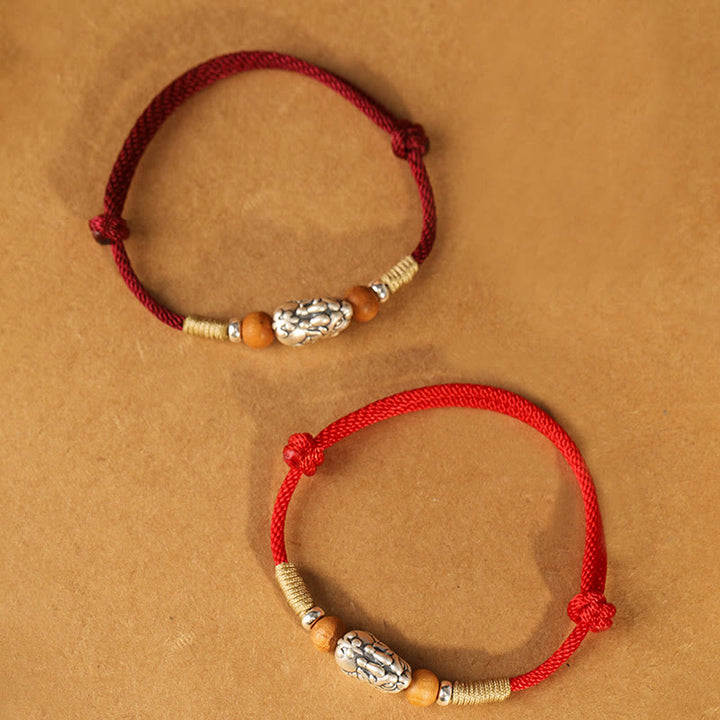 Buddha Stones, 999er Sterlingsilber, Pixiu-Anhänger, Pfirsichholzperle, handgefertigtes geflochtenes Glücksarmband/Fußkettchen - image 23