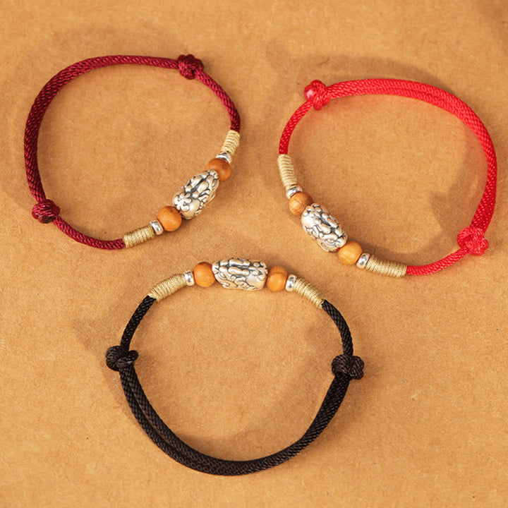Buddha Stones, 999er Sterlingsilber, Pixiu-Anhänger, Pfirsichholzperle, handgefertigtes geflochtenes Glücksarmband/Fußkettchen - image 24
