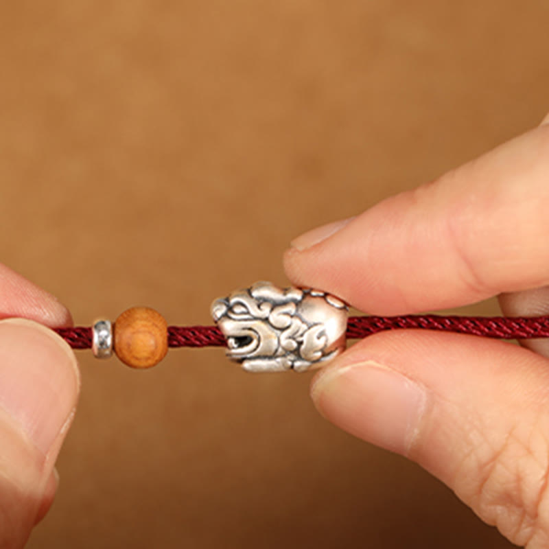 Buddha Stones, 999er Sterlingsilber, Pixiu-Anhänger, Pfirsichholzperle, handgefertigtes geflochtenes Glücksarmband/Fußkettchen - image 5