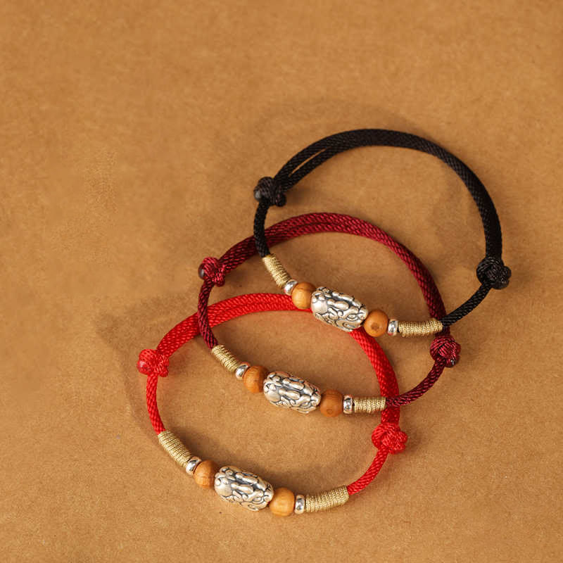 Buddha Stones, 999er Sterlingsilber, Pixiu-Anhänger, Pfirsichholzperle, handgefertigtes geflochtenes Glücksarmband/Fußkettchen - image 22