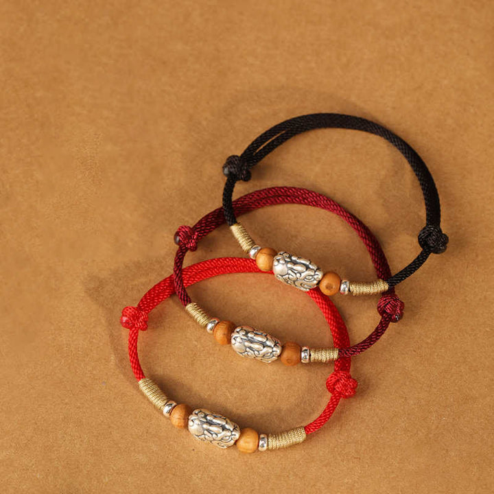Buddha Stones, 999er Sterlingsilber, Pixiu-Anhänger, Pfirsichholzperle, handgefertigtes geflochtenes Glücksarmband/Fußkettchen - image 22
