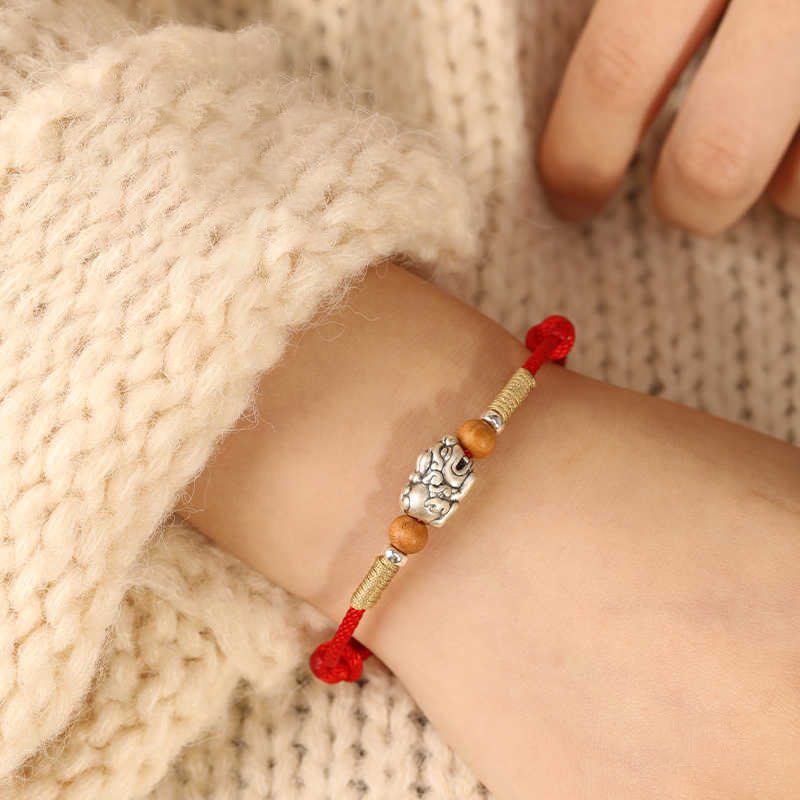 Buddha Stones, 999er Sterlingsilber, Pixiu-Anhänger, Pfirsichholzperle, handgefertigtes geflochtenes Glücksarmband/Fußkettchen - image 17