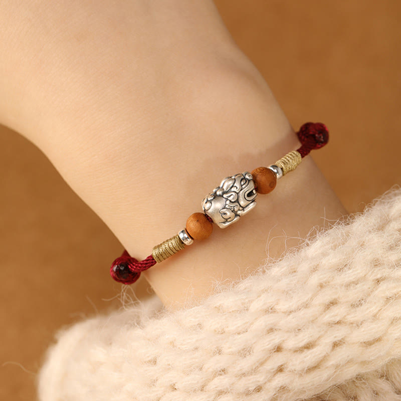 Buddha Stones, 999er Sterlingsilber, Pixiu-Anhänger, Pfirsichholzperle, handgefertigtes geflochtenes Glücksarmband/Fußkettchen - image 9
