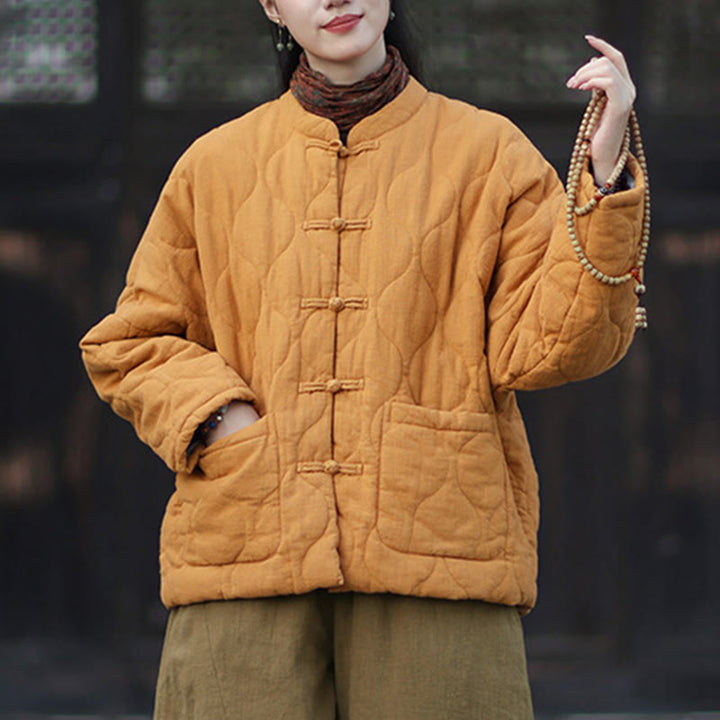 Buddha Stones Winterliche Damen-Thermojacke mit geschwungenen Linien, Froschknopfverschluss, langen Ärmeln, aus Ramie-Baumwollmischung und mit Taschen - image 10