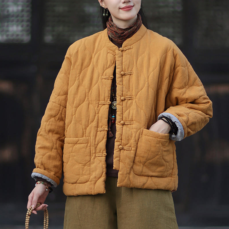 Buddha Stones Winterliche Damen-Thermojacke mit geschwungenen Linien, Froschknopfverschluss, langen Ärmeln, aus Ramie-Baumwollmischung und mit Taschen - image 2
