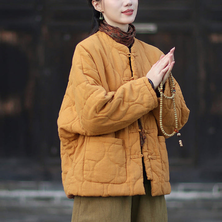 Buddha Stones Winterliche Damen-Thermojacke mit geschwungenen Linien, Froschknopfverschluss, langen Ärmeln, aus Ramie-Baumwollmischung und mit Taschen - image 6