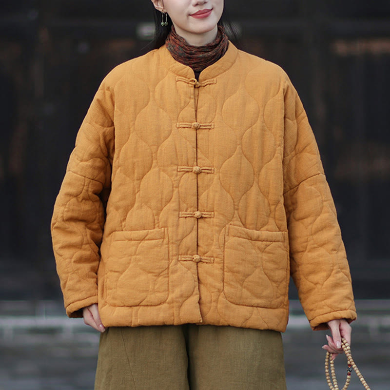 Buddha Stones Winterliche Damen-Thermojacke mit geschwungenen Linien, Froschknopfverschluss, langen Ärmeln, aus Ramie-Baumwollmischung und mit Taschen - image 4