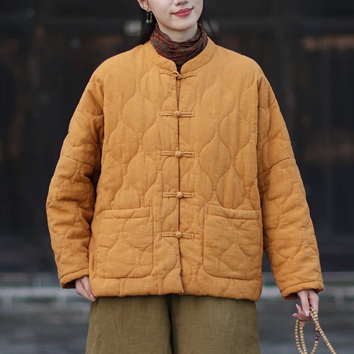 Buddha Stones Winterliche Damen-Thermojacke mit geschwungenen Linien, Froschknopfverschluss, langen Ärmeln, aus Ramie-Baumwollmischung und mit Taschen - image 4