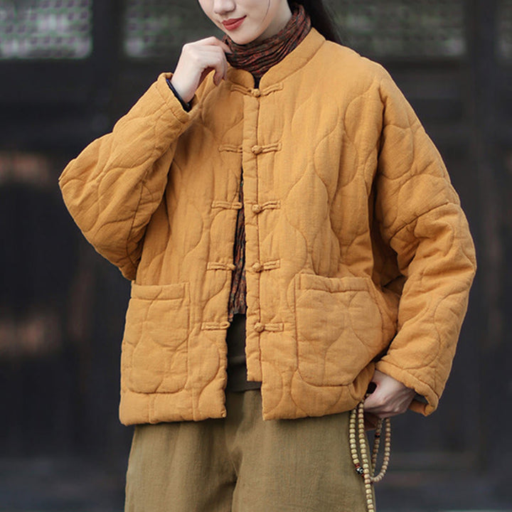 Buddha Stones Winterliche Damen-Thermojacke mit geschwungenen Linien, Froschknopfverschluss, langen Ärmeln, aus Ramie-Baumwollmischung und mit Taschen - image 3