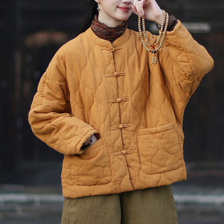 Buddha Stones Winterliche Damen-Thermojacke mit geschwungenen Linien, Froschknopfverschluss, langen Ärmeln, aus Ramie-Baumwollmischung und mit Taschen - image 5