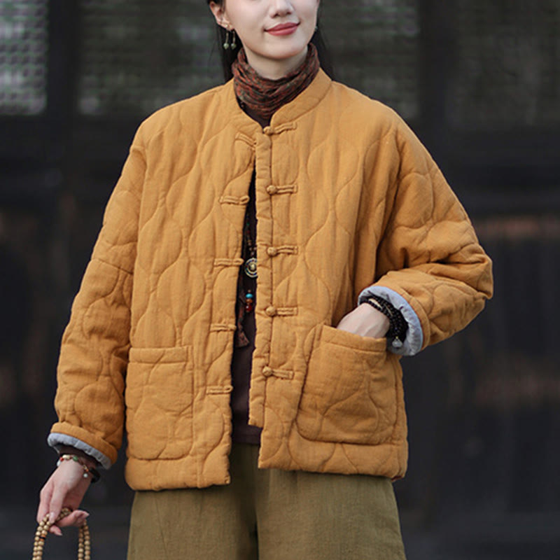 Buddha Stones Winterliche Damen-Thermojacke mit geschwungenen Linien, Froschknopfverschluss, langen Ärmeln, aus Ramie-Baumwollmischung und mit Taschen - image 8