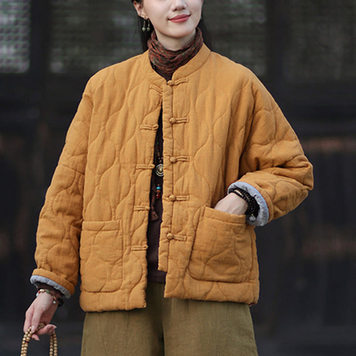 Buddha Stones Winterliche Damen-Thermojacke mit geschwungenen Linien, Froschknopfverschluss, langen Ärmeln, aus Ramie-Baumwollmischung und mit Taschen - image 8