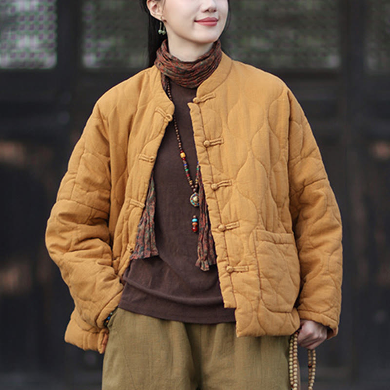 Buddha Stones Winterliche Damen-Thermojacke mit geschwungenen Linien, Froschknopfverschluss, langen Ärmeln, aus Ramie-Baumwollmischung und mit Taschen - image 9