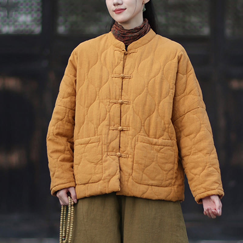 Buddha Stones Winterliche Damen-Thermojacke mit geschwungenen Linien, Froschknopfverschluss, langen Ärmeln, aus Ramie-Baumwollmischung und mit Taschen - image 7