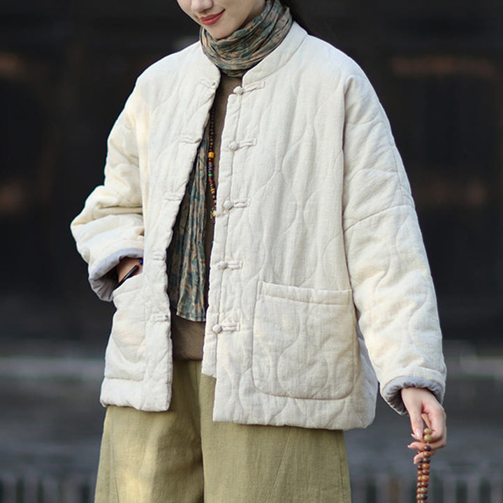 Buddha Stones Winterliche Damen-Thermojacke mit geschwungenen Linien, Froschknopfverschluss, langen Ärmeln, aus Ramie-Baumwollmischung und mit Taschen - image 16