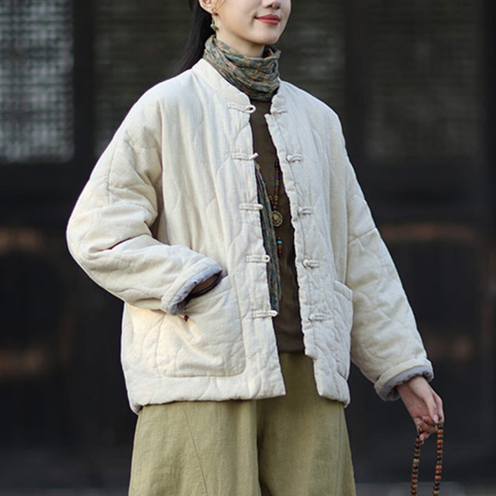 Buddha Stones Winterliche Damen-Thermojacke mit geschwungenen Linien, Froschknopfverschluss, langen Ärmeln, aus Ramie-Baumwollmischung und mit Taschen - image 24